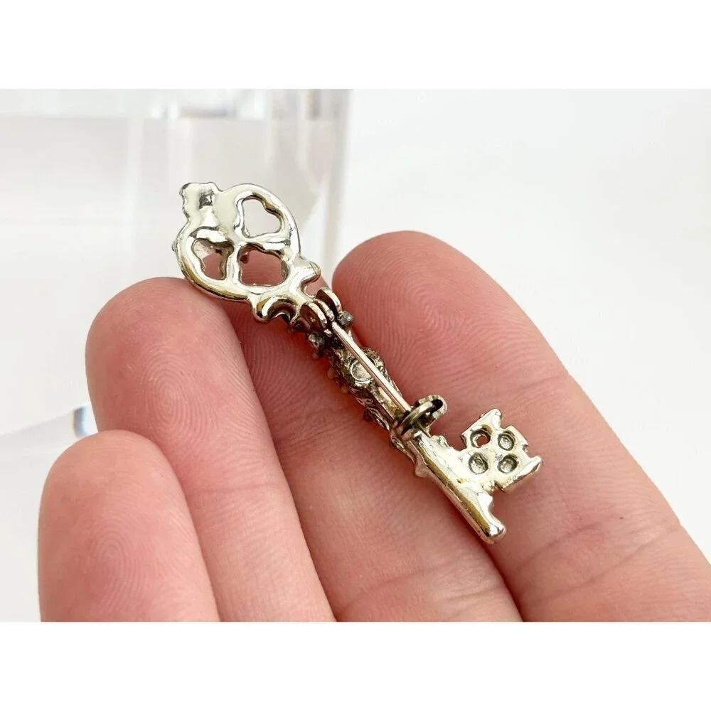 Key Shaped Antique Inspired Rhinestone Gold Toned Vintage Costume Jewelry Brooch